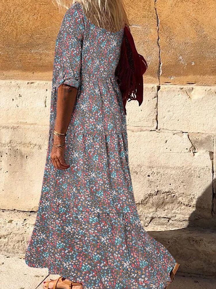 Vestido Maxi De Camisa Bohemia De Manga Larga Con Pliegues De Solapa Con Estampado Floral Vintage Para Mujer