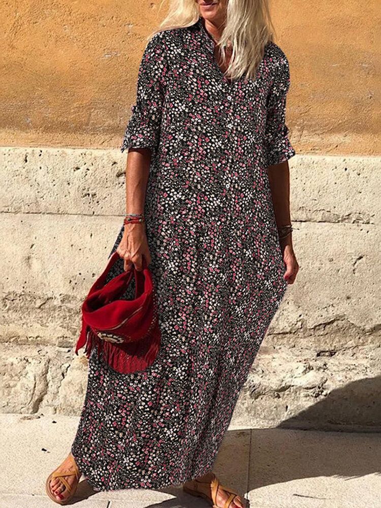 Vestido Maxi De Camisa Bohemia De Manga Larga Con Pliegues De Solapa Con Estampado Floral Vintage Para Mujer