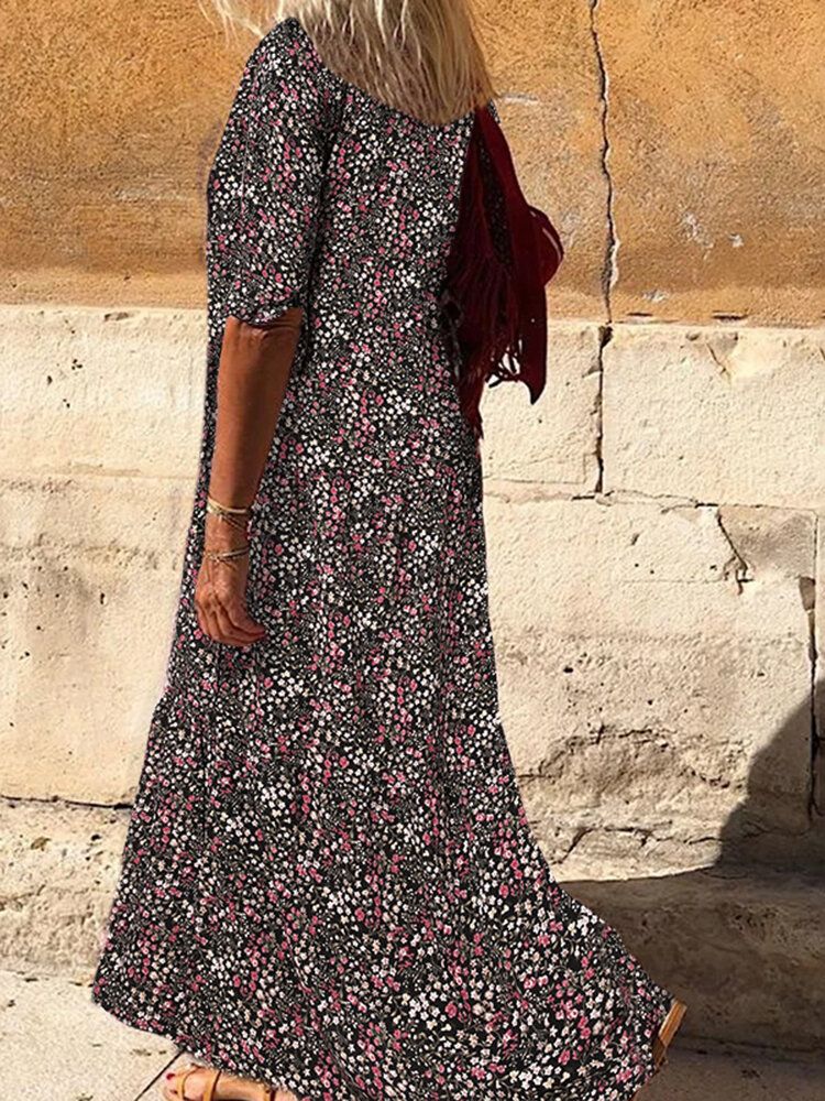 Vestido Maxi De Camisa Bohemia De Manga Larga Con Pliegues De Solapa Con Estampado Floral Vintage Para Mujer