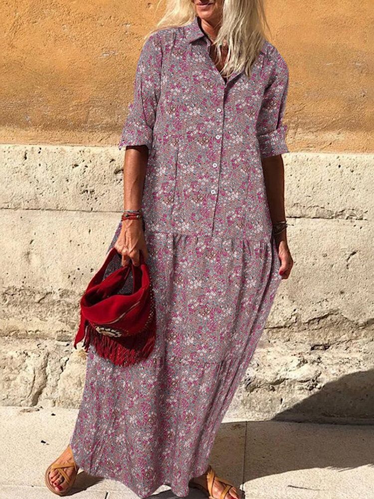 Vestido Maxi De Camisa Bohemia De Manga Larga Con Pliegues De Solapa Con Estampado Floral Vintage Para Mujer