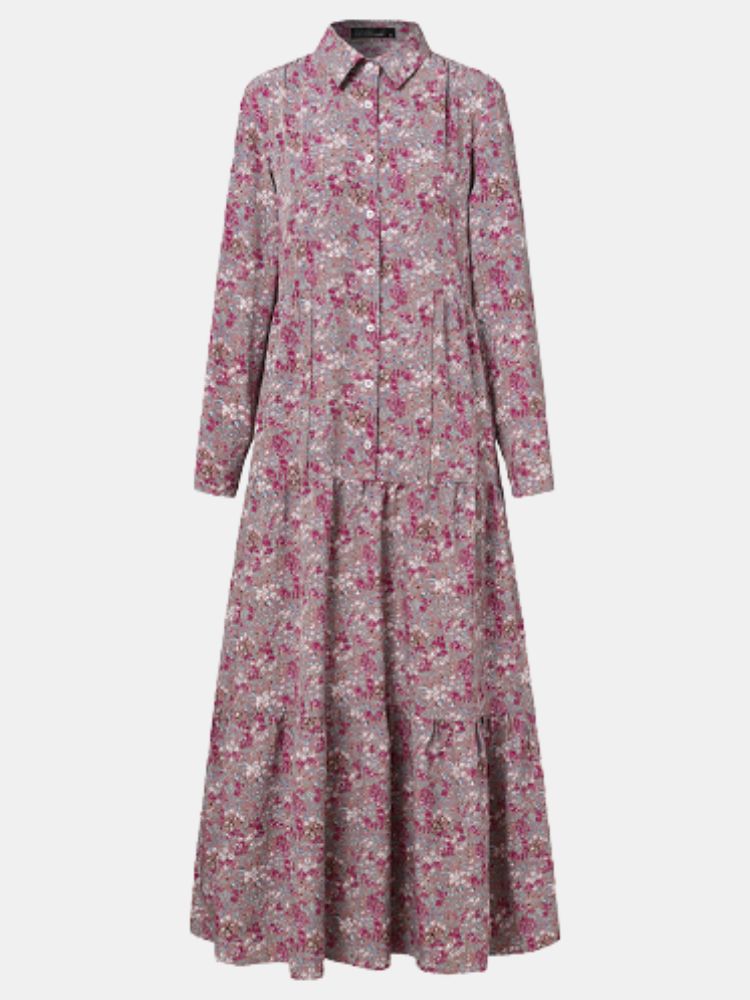 Vestido Maxi De Camisa Bohemia De Manga Larga Con Pliegues De Solapa Con Estampado Floral Vintage Para Mujer