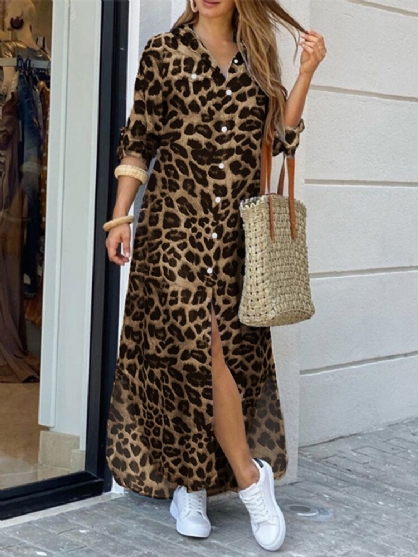 Vestido Maxi De Camisa Con Bolsillos Laterales De Manga Larga Con Solapa Con Estampado De Leopardo Para Mujer