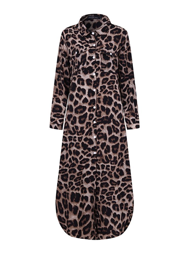 Vestido Maxi De Camisa Con Bolsillos Laterales De Manga Larga Con Solapa Con Estampado De Leopardo Para Mujer