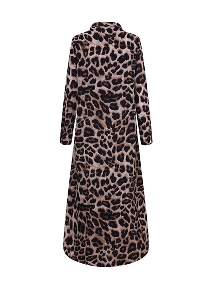 Vestido Maxi De Camisa Con Bolsillos Laterales De Manga Larga Con Solapa Con Estampado De Leopardo Para Mujer