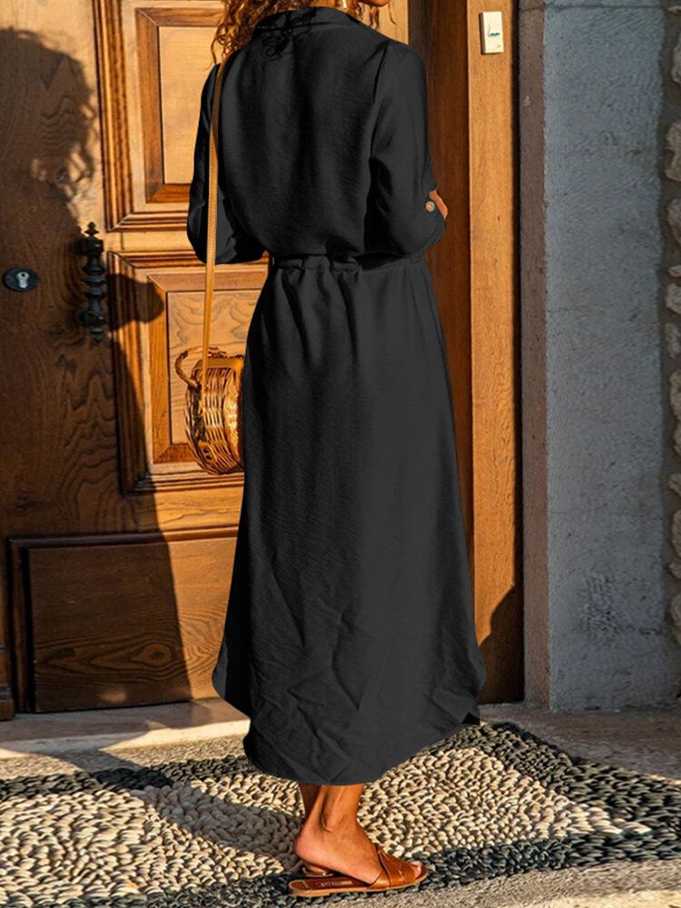 Vestido Maxi De Camisa Informal De Manga Larga Con Solapa En La Cintura Con Cordón Delantero Con Botones Para Mujer Con Bolsillo