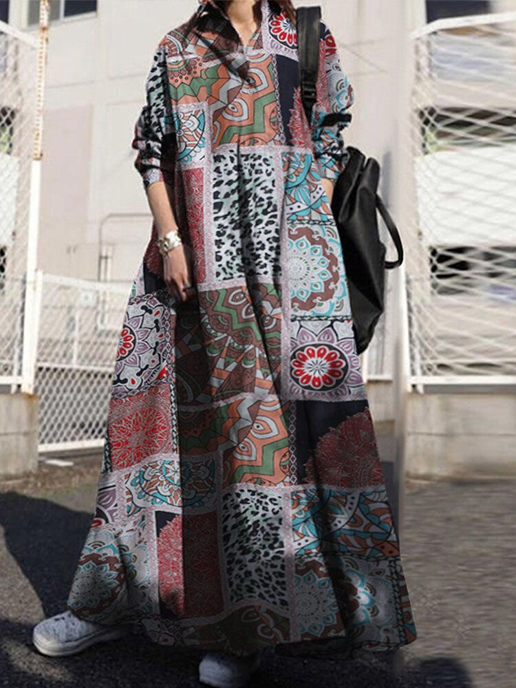 Vestido Maxi De Camisa De Solapa Suelta Informal Con Solapa Con Estampado En Color Para Mujer Con Bolsillos Laterales