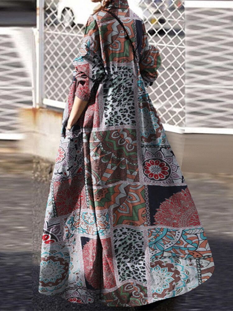 Vestido Maxi De Camisa De Solapa Suelta Informal Con Solapa Con Estampado En Color Para Mujer Con Bolsillos Laterales