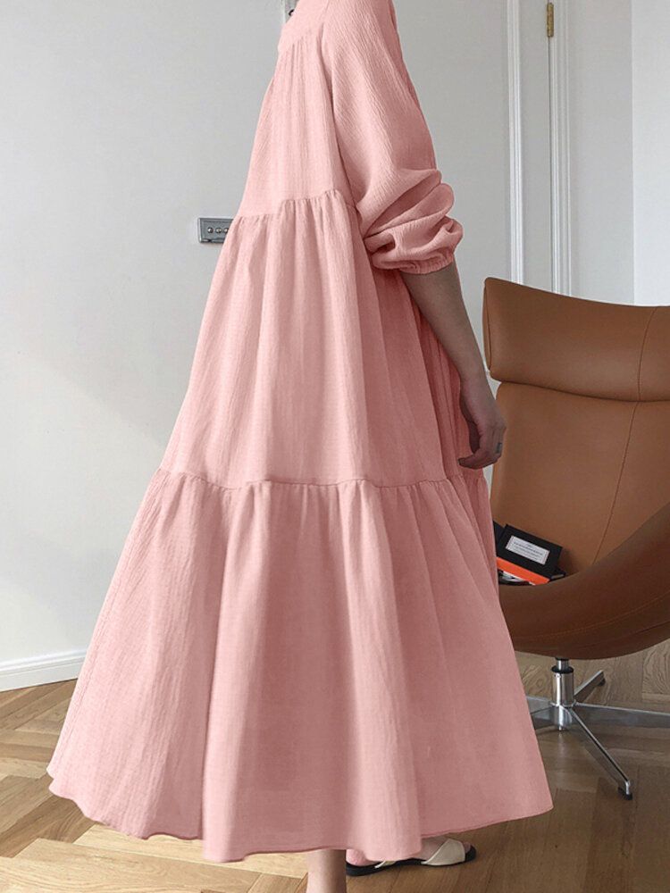 Vestido Maxi En Capas Empalmado Informal De Manga Abullonada Con Cuello En O De Color Sólido Mujeres Enemigas