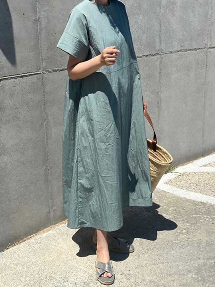 Vestido Maxi Casual De Algodón Con Botones De Cuello Redondo De Color Sólido