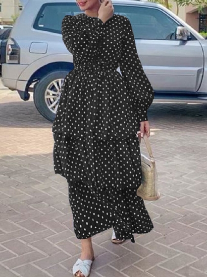 Vestido Maxi Casual En Capas Con Cuello Redondo Y Manga Abullonada Con Estampado De Lunares Para Mujer