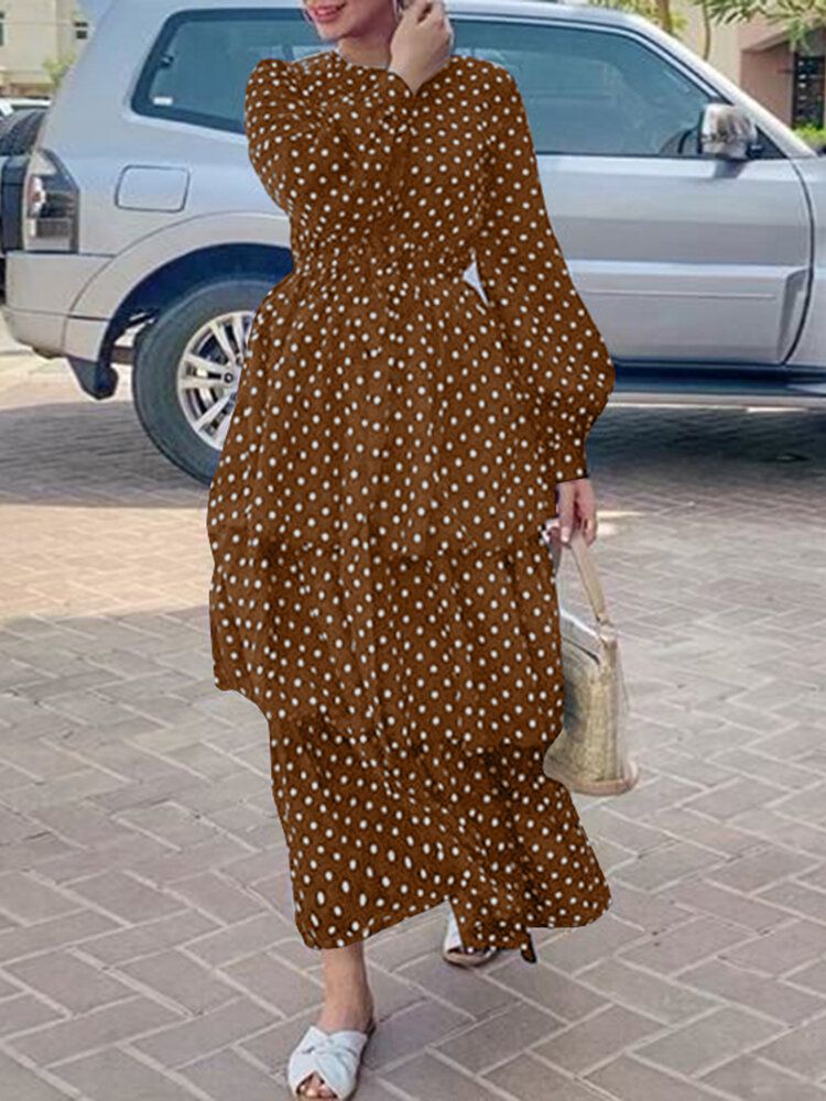 Vestido Maxi Casual En Capas Con Cuello Redondo Y Manga Abullonada Con Estampado De Lunares Para Mujer