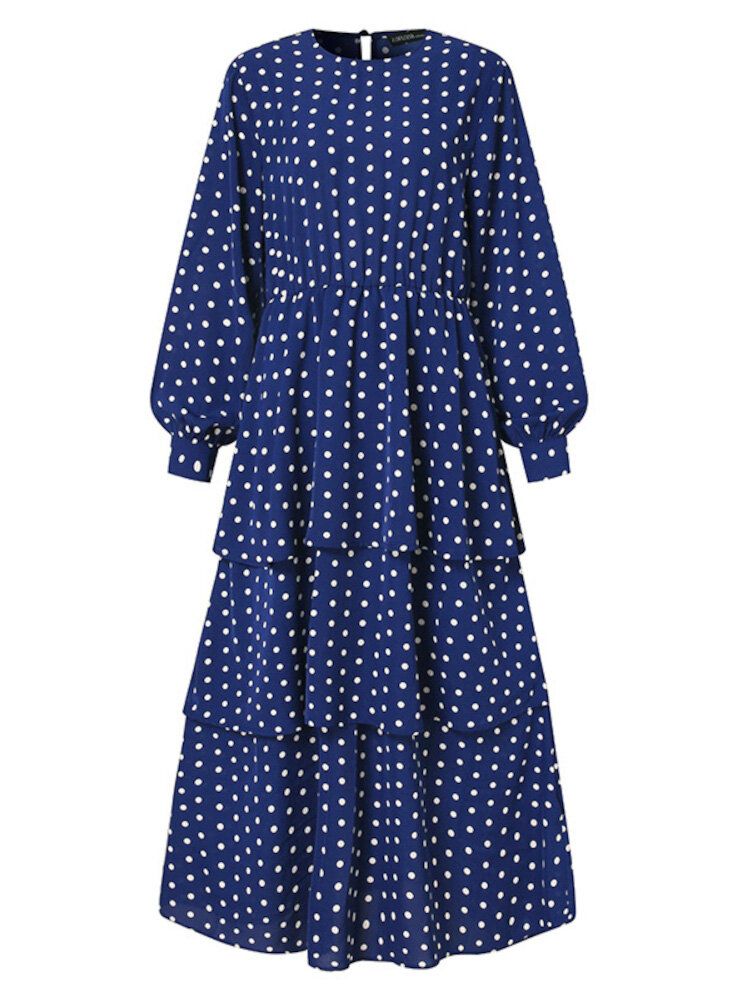 Vestido Maxi Casual En Capas Con Cuello Redondo Y Manga Abullonada Con Estampado De Lunares Para Mujer