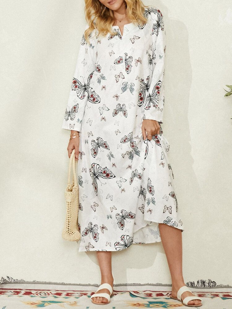 Vestido Maxi Casual Con Bolsillo De Manga Larga Con Estampado De Mariposas Para Mujer