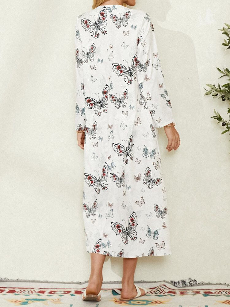 Vestido Maxi Casual Con Bolsillo De Manga Larga Con Estampado De Mariposas Para Mujer