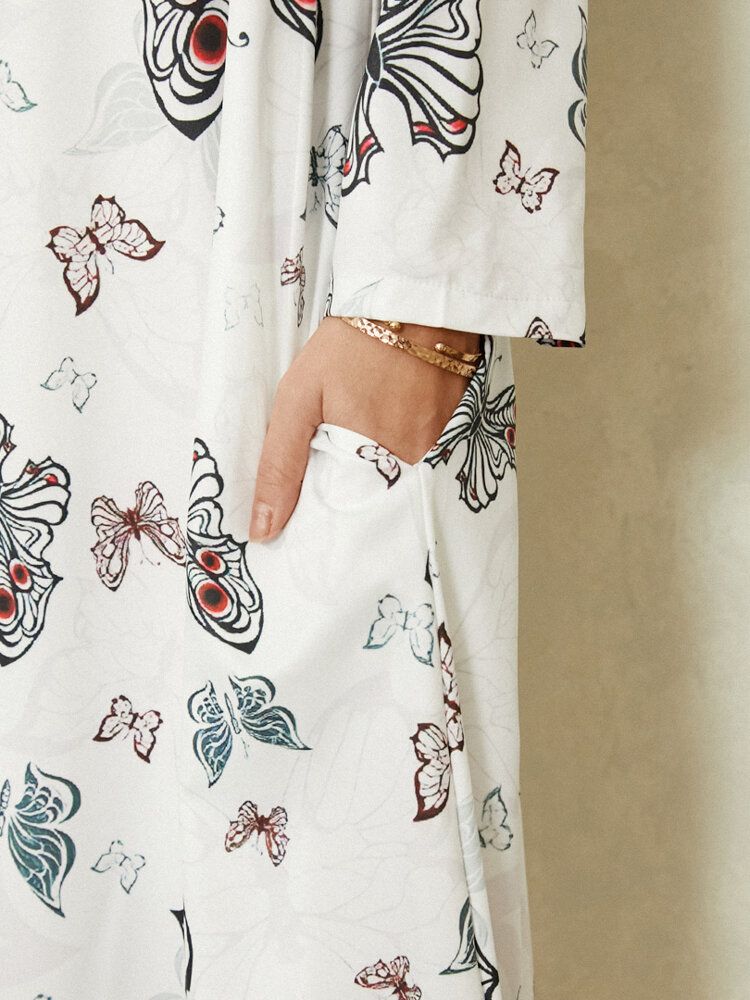 Vestido Maxi Casual Con Bolsillo De Manga Larga Con Estampado De Mariposas Para Mujer