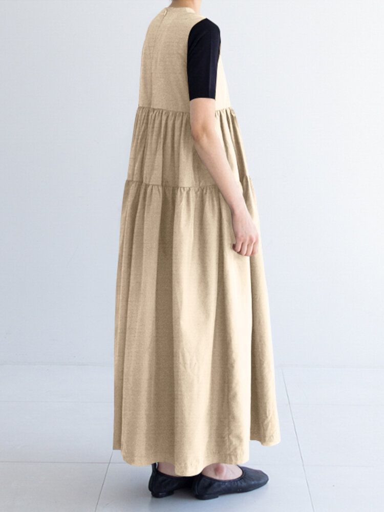 Vestido Maxi Casual Con Gradas Y Pliegues Con Cuello En O De Color Liso Sin Mangas Para Mujer