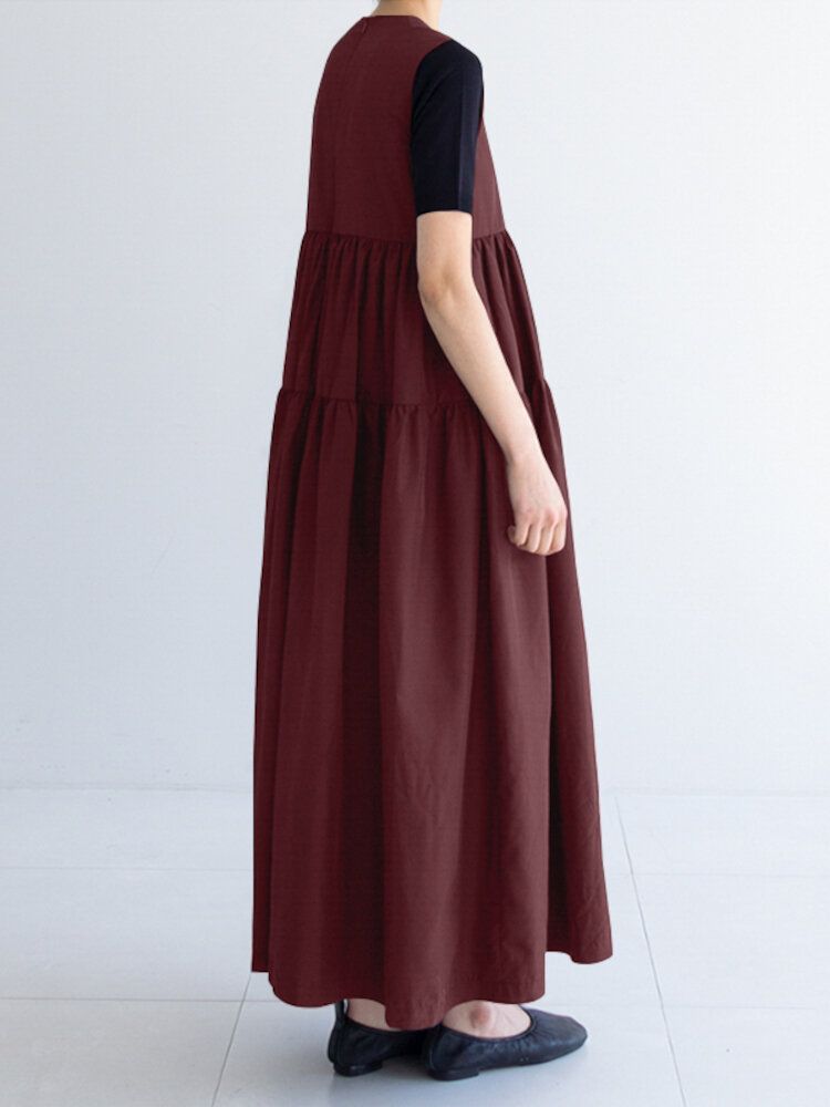 Vestido Maxi Casual Con Gradas Y Pliegues Con Cuello En O De Color Liso Sin Mangas Para Mujer