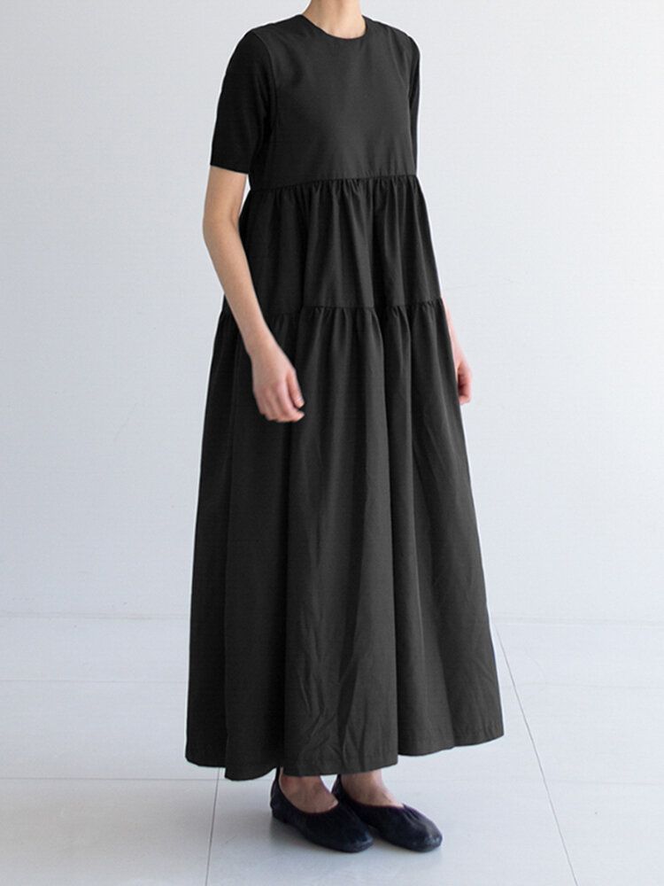 Vestido Maxi Casual Con Gradas Y Pliegues Con Cuello En O De Color Liso Sin Mangas Para Mujer