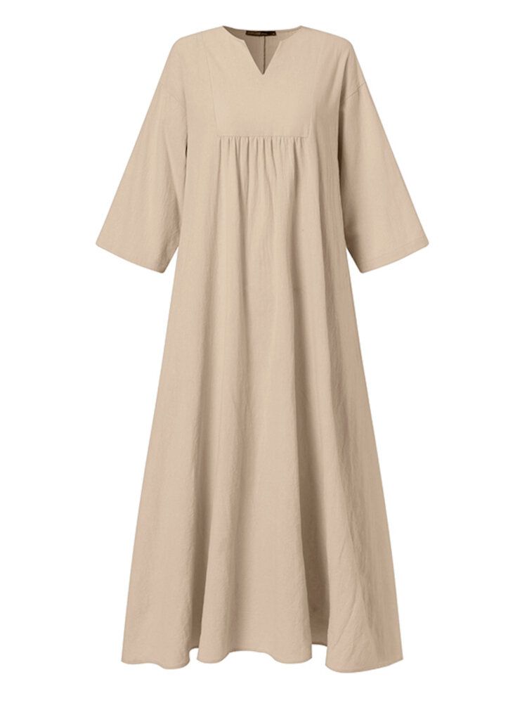 Vestido Maxi Casual Liso Con Cuello En V Plisado De Media Manga De Color Sólido Para Mujer