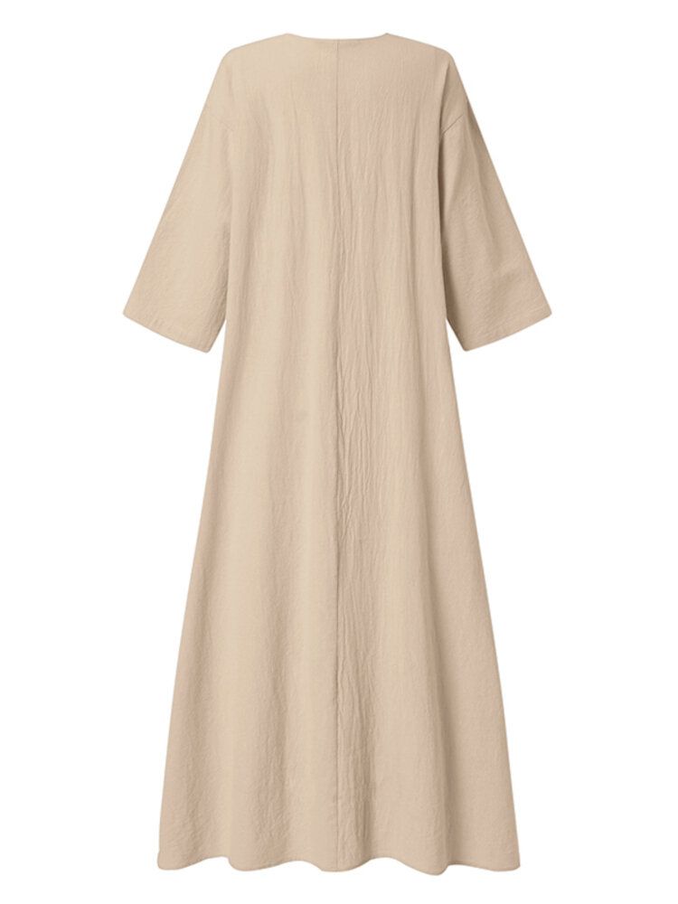 Vestido Maxi Casual Liso Con Cuello En V Plisado De Media Manga De Color Sólido Para Mujer