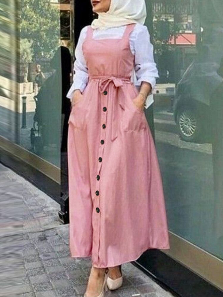 Vestido Maxi De Cintura Con Cordones Y Botones De Tirantes De Color Sólido 100% Algodón Con Bolsillo Para Mujer