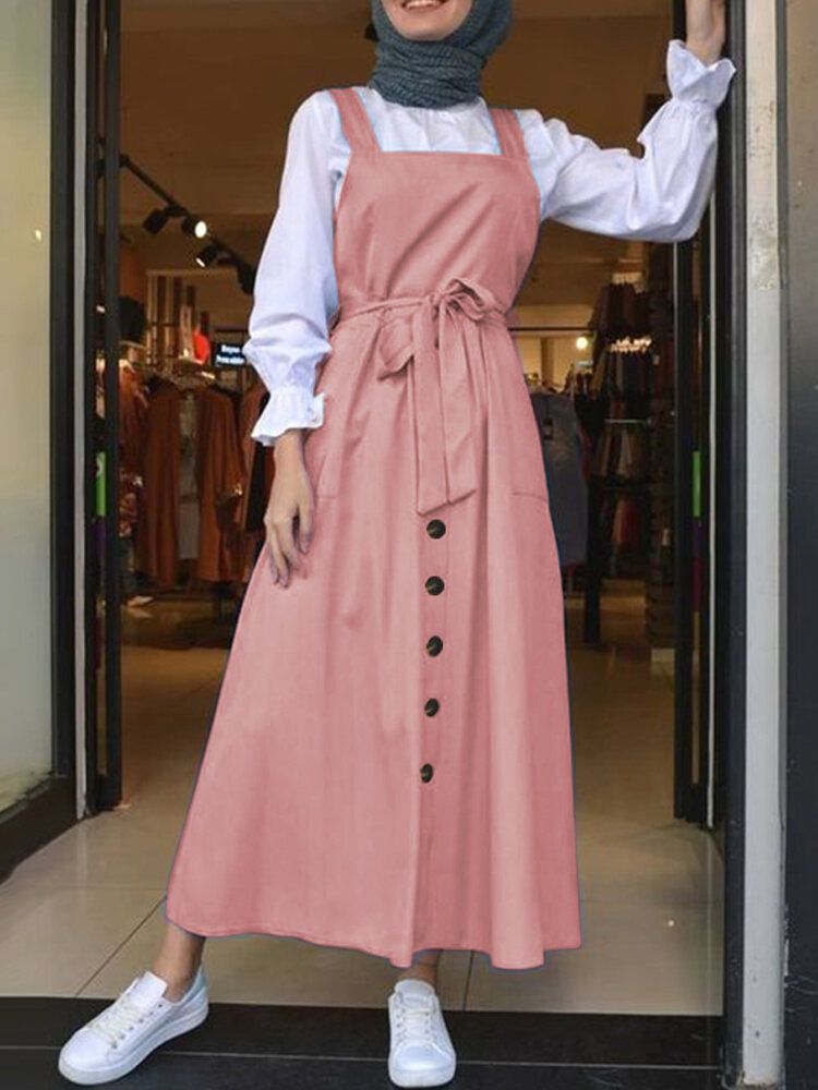 Vestido Maxi De Cintura Con Cordones Y Botones De Tirantes De Color Sólido 100% Algodón Con Bolsillo Para Mujer