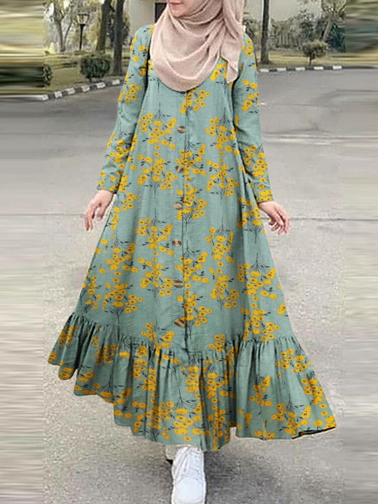 Vestido Maxi De Color De Contraste Con Dobladillo Con Volantes Y Dobladillo Con Volantes Y Estampado Floral De Algodón Para Mujer