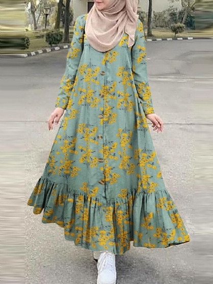 Vestido Maxi De Color De Contraste Con Dobladillo Con Volantes Y Dobladillo Con Volantes Y Estampado Floral De Algodón Para Mujer