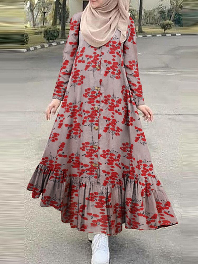 Vestido Maxi De Color De Contraste Con Dobladillo Con Volantes Y Dobladillo Con Volantes Y Estampado Floral De Algodón Para Mujer