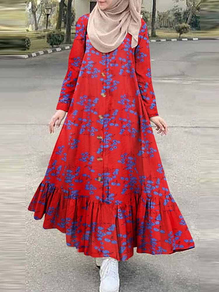 Vestido Maxi De Color De Contraste Con Dobladillo Con Volantes Y Dobladillo Con Volantes Y Estampado Floral De Algodón Para Mujer