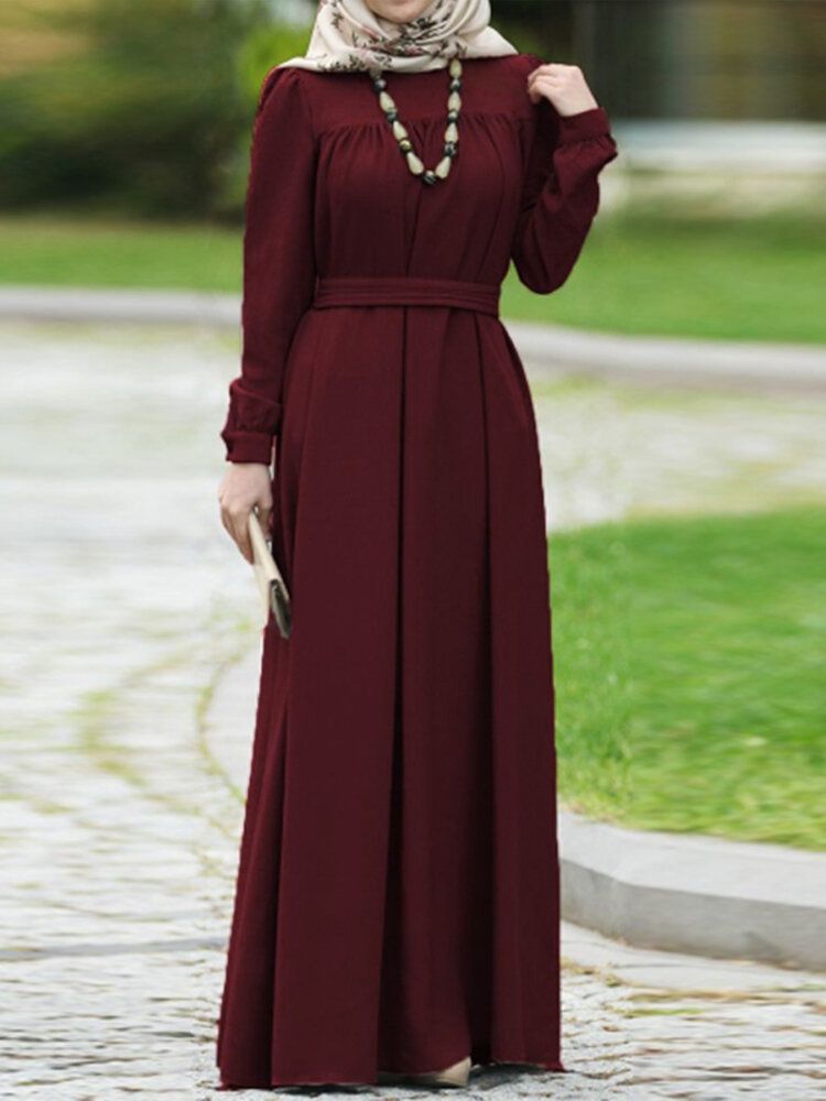 Vestido Maxi De Color Sólido Con Manga Abullonada Y Botones Con Cuello En O Vintage Para Mujer