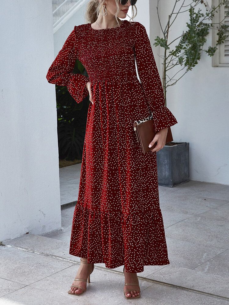 Vestido Maxi Con Capas De Manga Larga Informal Plisado Con Cuello Redondo Y Estampado De Lunares Para Mujer