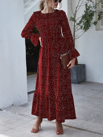 Vestido Maxi Con Capas De Manga Larga Informal Plisado Con Cuello Redondo Y Estampado De Lunares Para Mujer