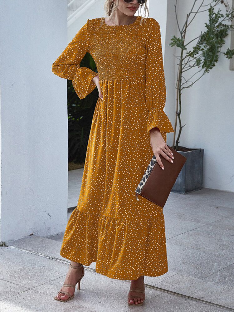 Vestido Maxi Con Capas De Manga Larga Informal Plisado Con Cuello Redondo Y Estampado De Lunares Para Mujer