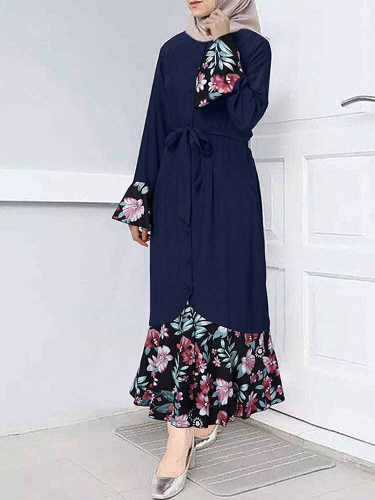 Vestido Maxi Con Cordones De Manga Larga Con Dobladillo De Sirena Y Estampado Floral Para Mujer