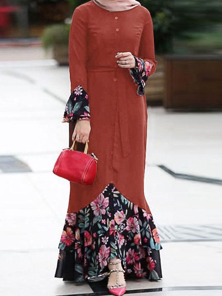 Vestido Maxi Con Cordones De Manga Larga Con Dobladillo De Sirena Y Estampado Floral Para Mujer