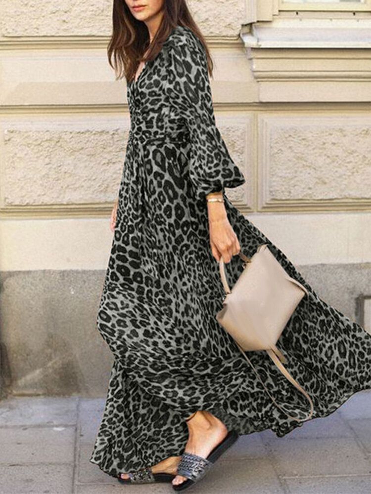 Vestido Maxi Con Cordones Y Manga Abullonada Con Cuello En V Y Estampado De Leopardo Para Mujer