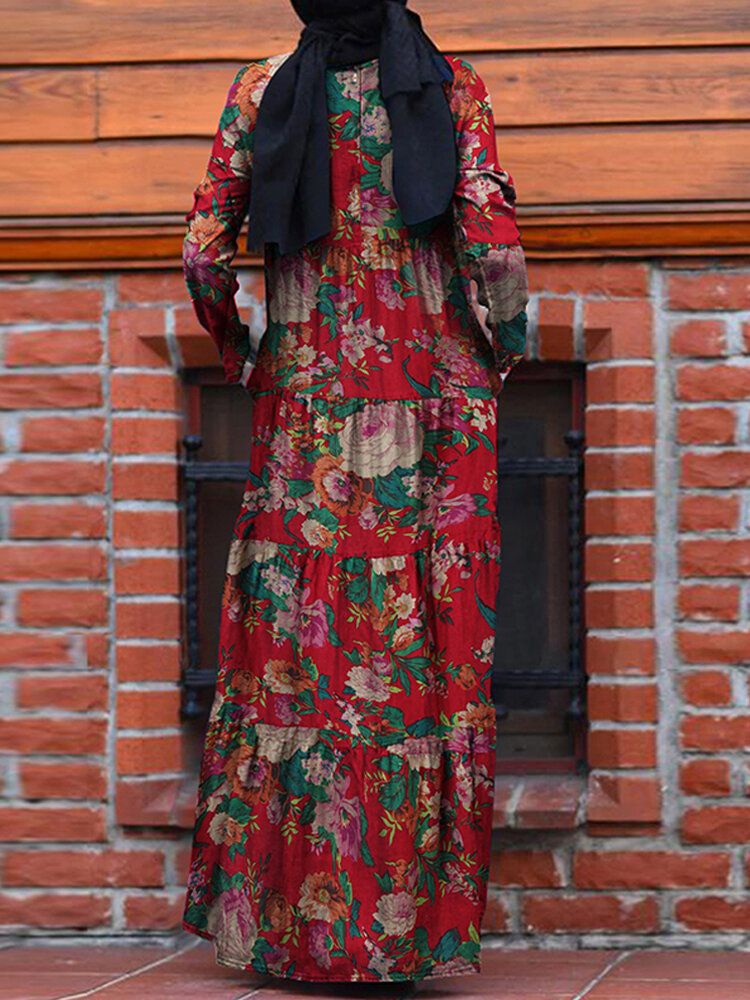 Vestido Maxi Con Cremallera En La Espalda Y Cuello En O Bohemio Con Estampado Floral Vintage 100% Algodón Para Mujer Con Bolsillo Lateral