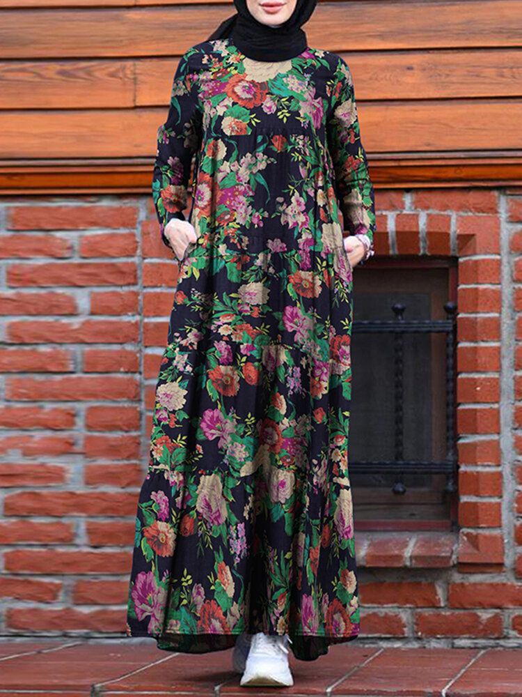 Vestido Maxi Con Cremallera En La Espalda Y Cuello En O Bohemio Con Estampado Floral Vintage 100% Algodón Para Mujer Con Bolsillo Lateral