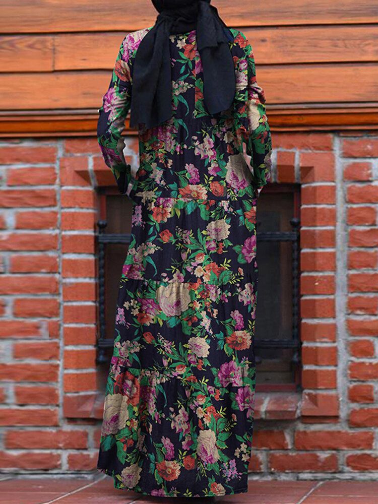 Vestido Maxi Con Cremallera En La Espalda Y Cuello En O Bohemio Con Estampado Floral Vintage 100% Algodón Para Mujer Con Bolsillo Lateral