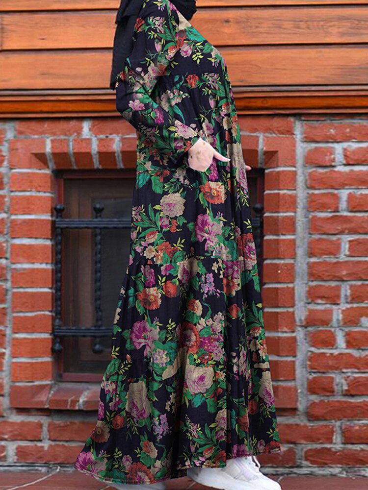 Vestido Maxi Con Cremallera En La Espalda Y Cuello En O Bohemio Con Estampado Floral Vintage 100% Algodón Para Mujer Con Bolsillo Lateral