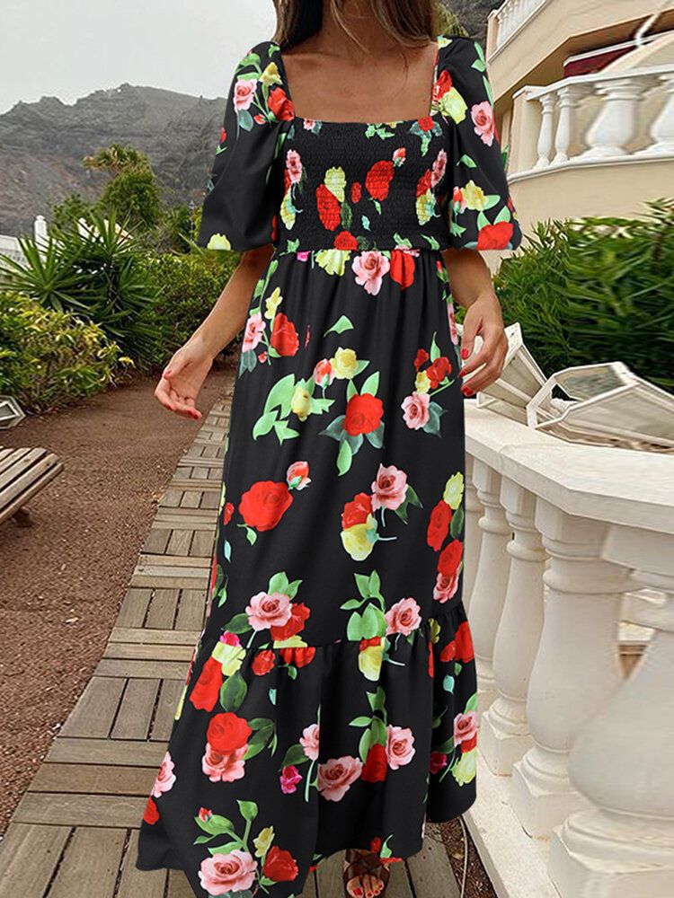 Vestido Maxi Con Estampado Floral De Cola De Pez Y Manga Abullonada Con Cuello Cuadrado De Vacaciones Para Mujer