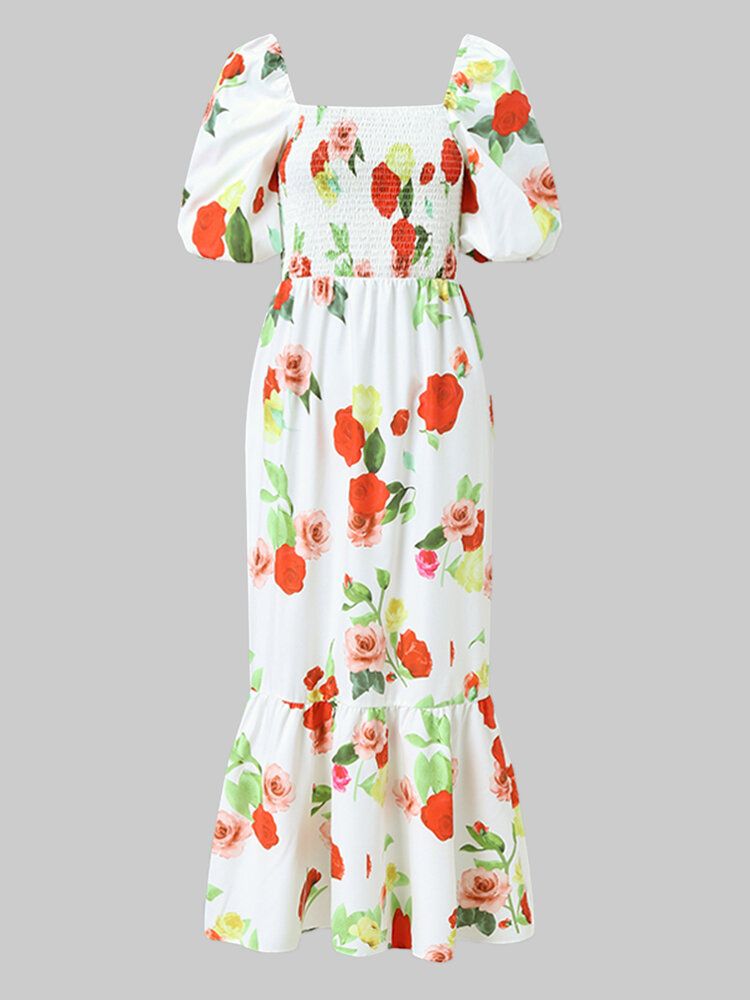 Vestido Maxi Con Estampado Floral De Cola De Pez Y Manga Abullonada Con Cuello Cuadrado De Vacaciones Para Mujer