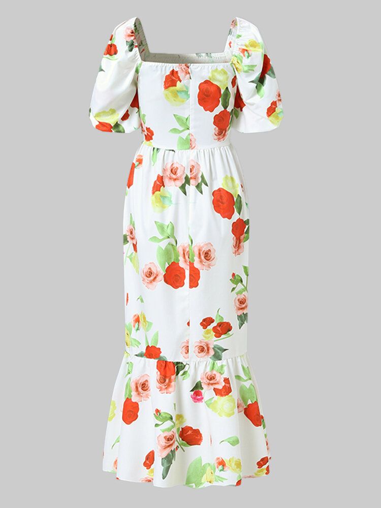 Vestido Maxi Con Estampado Floral De Cola De Pez Y Manga Abullonada Con Cuello Cuadrado De Vacaciones Para Mujer