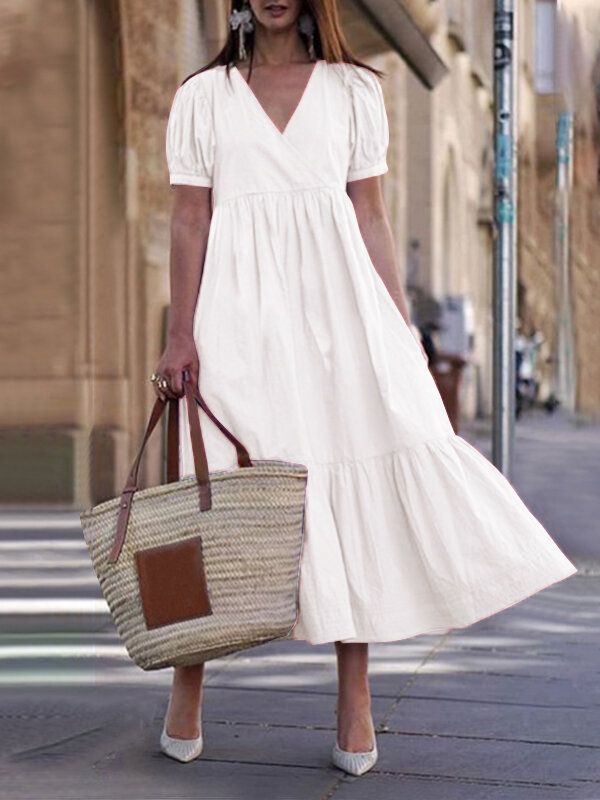 Vestido Maxi De Costura Plisada Festivo Con Cuello En V Y Manga Abullonada De Algodón Para Mujer