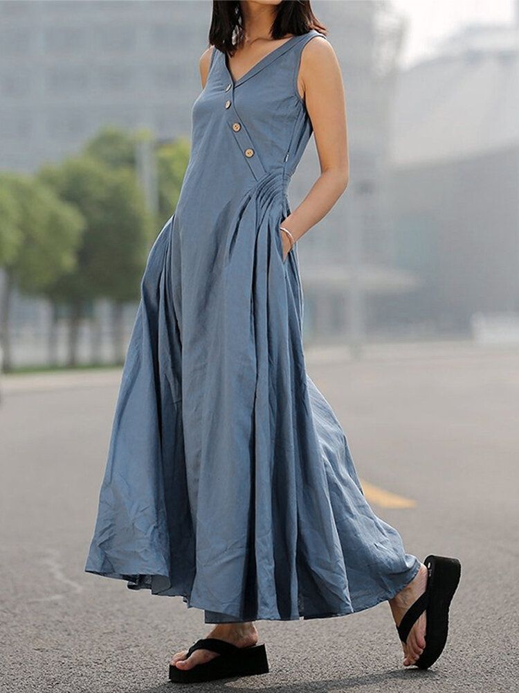 Vestido Maxi Delgado Sin Mangas Con Pliegues Laterales Y Botones Con Cuello En V Para Mujer