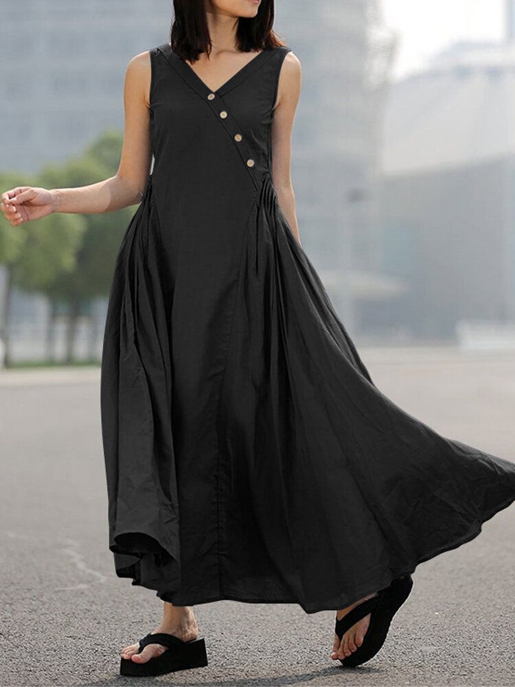 Vestido Maxi Delgado Sin Mangas Con Pliegues Laterales Y Botones Con Cuello En V Para Mujer