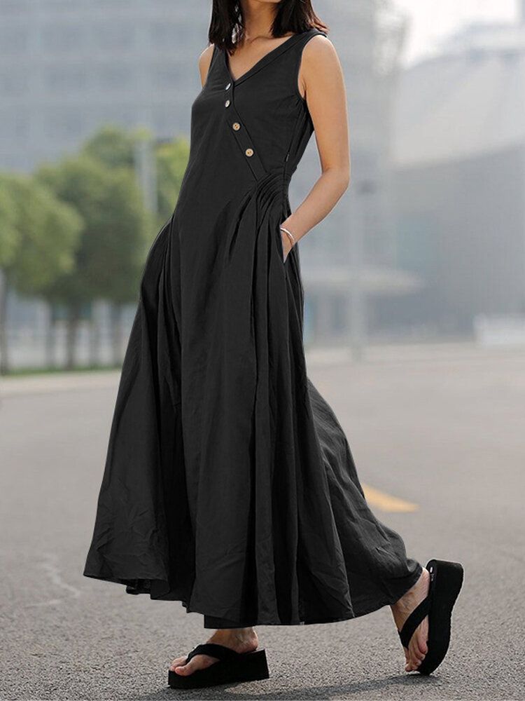 Vestido Maxi Delgado Sin Mangas Con Pliegues Laterales Y Botones Con Cuello En V Para Mujer