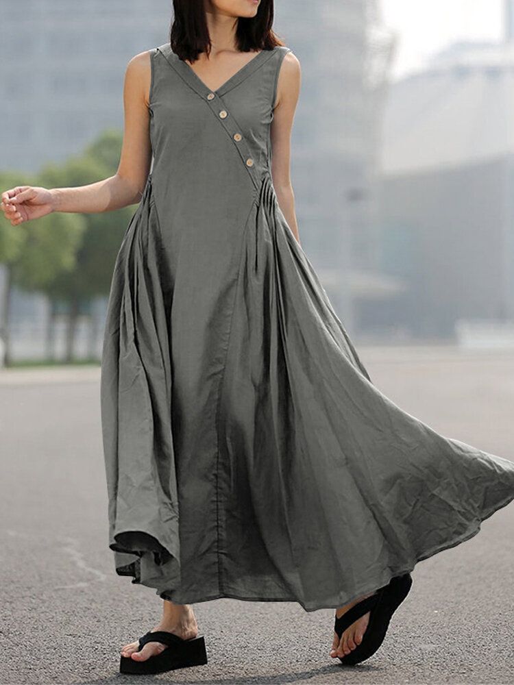 Vestido Maxi Delgado Sin Mangas Con Pliegues Laterales Y Botones Con Cuello En V Para Mujer