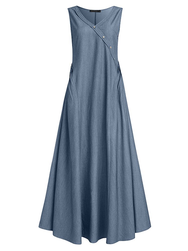 Vestido Maxi Delgado Sin Mangas Con Pliegues Laterales Y Botones Con Cuello En V Para Mujer